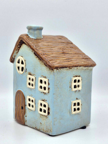 Blue Ceramic Tea-Light - Cottage With Wood Effect Roof
