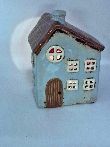 Blue Ceramic Tea-Light - Cottage With Wood Effect Roof