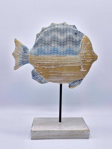 Blue Resin Fish Ornament - Wooden Effect