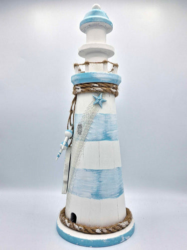 Rustic Lighthouse Ornament In White & Pale Blue - Fish & Rope Décor