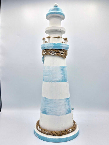 Rustic Lighthouse Ornament In White & Pale Blue - Fish & Rope Décor