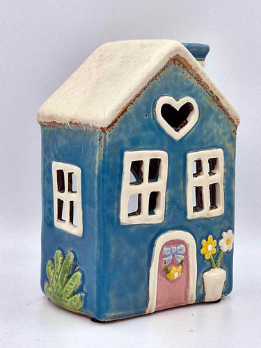 Ceramic Teal Floral Heart Cottage Tea Light Holder
