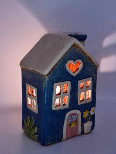 Ceramic Teal Floral Heart Cottage Tea Light Holder