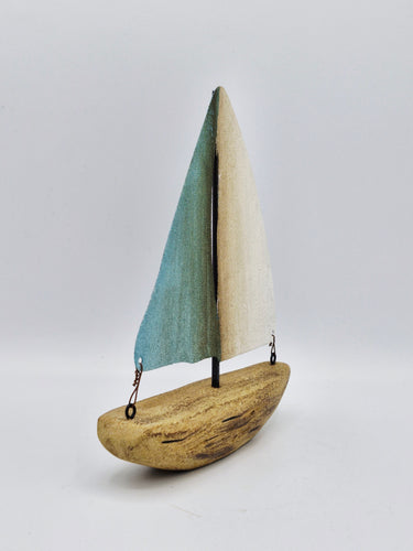 Blue and White Metal and Wood Boat