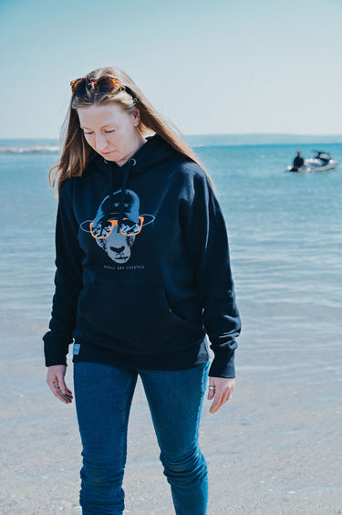 Unisex Navy Hoody "Tywyn Sheep In Sunnies"