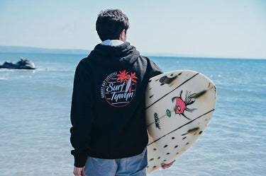 Unisex Black Hoody "Surf Tywyn, Orange Palms"