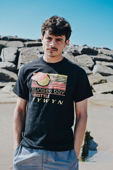 Men's Black Cotton T-Shirt "Catching The Surf Tywyn"