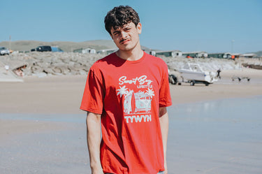 Men's Red Cotton T-Shirt "Retro Campervan Logo Tywyn"