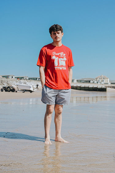 Men's Red Cotton T-Shirt "Retro Campervan Logo Tywyn"