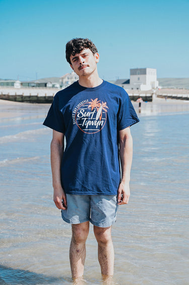 Men's Navy Cotton T-Shirt "Surf Tywyn, Orange Palm Tree"