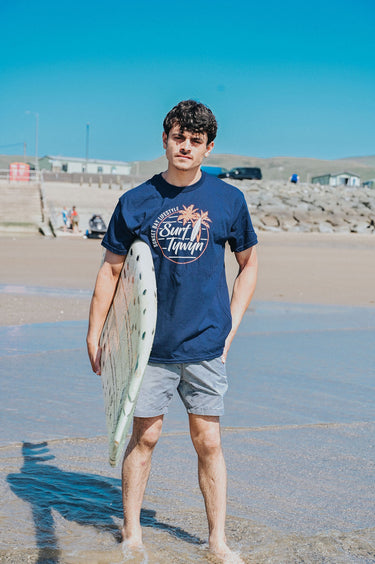 Men's Navy Cotton T-Shirt "Surf Tywyn, Orange Palm Tree"