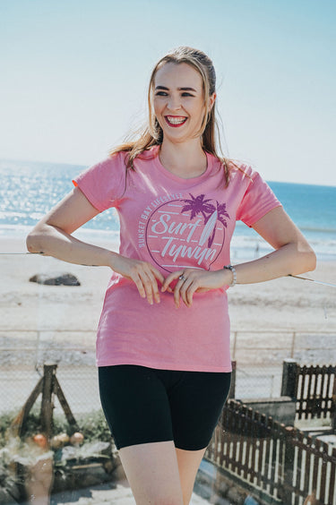 Ladies Pink Cotton T-Shirt "Surf Tywyn"