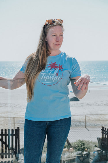 Ladies Blue Cotton T-Shirt "Surf Tywyn"