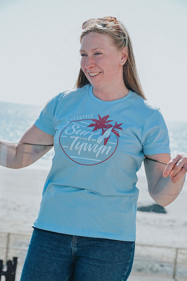 Ladies Blue Cotton T-Shirt "Surf Tywyn"