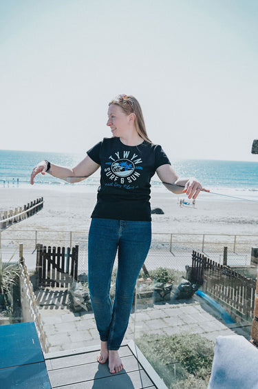 Ladies Black Cotton T-Shirt "Surf & Sun Tywyn"