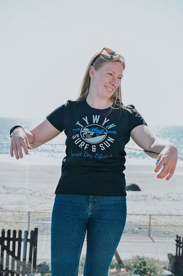Ladies Black Cotton T-Shirt "Surf & Sun Tywyn"