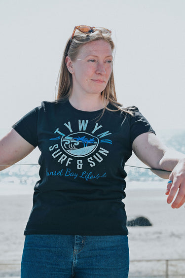 Ladies Black Cotton T-Shirt "Surf & Sun Tywyn"