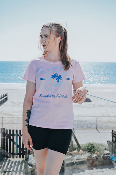 Ladies Pink Cotton T-Shirt "Surf & Sun Tywyn"