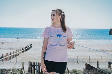 Ladies Pink Cotton T-Shirt "Surf & Sun Tywyn"