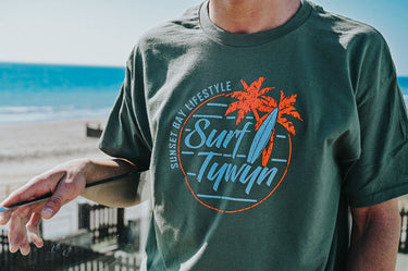 Men's Khaki Cotton T-Shirt "Surf Tywyn, Orange Palm Trees"