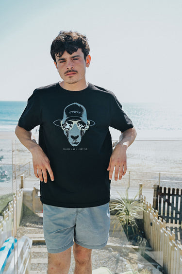 Men's Black Cotton T-Shirt "Tywyn Sheep In Sunnies"