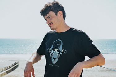 Men's Black Cotton T-Shirt "Tywyn Sheep In Sunnies"