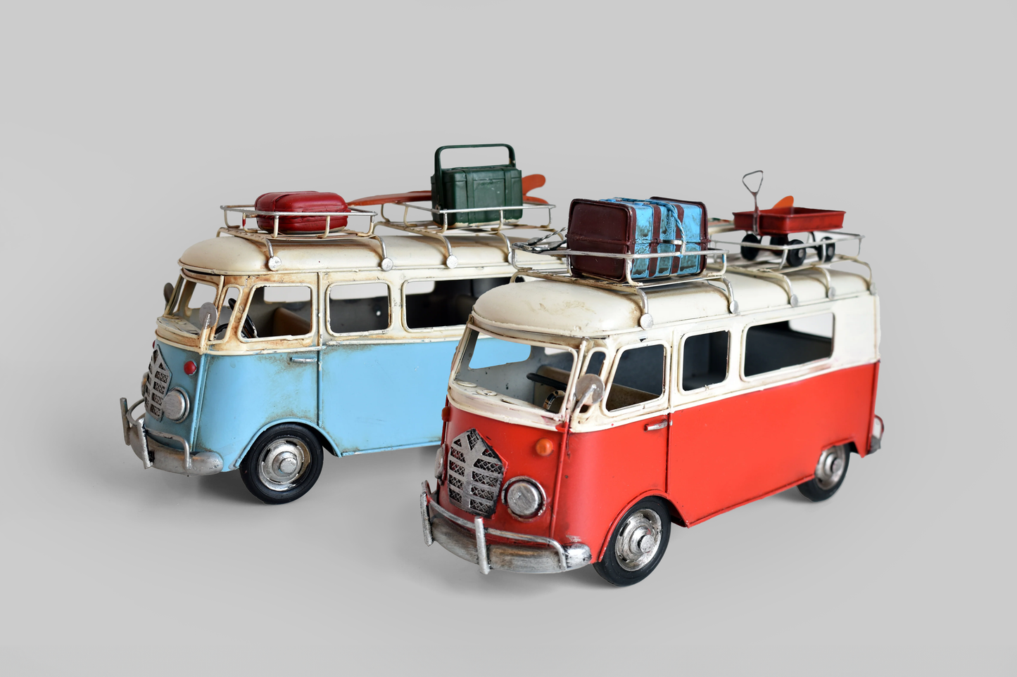 Split Screen Metal Retro Camper Van like VW model with Surf Board