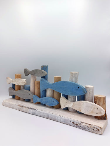 Fish Shoal Wooden Ornament "Blue & White"