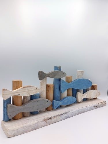 Fish Shoal Wooden Ornament "Blue & White"