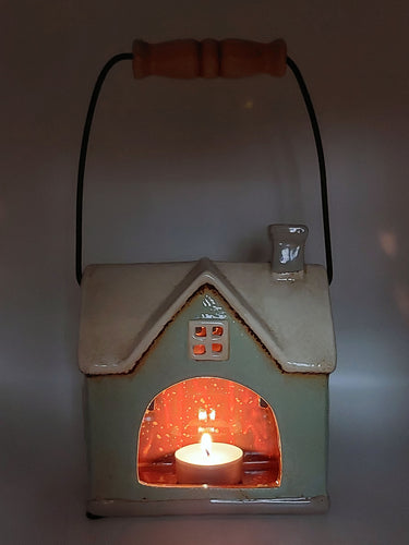 Blue Ceramic House Tealight With Handle