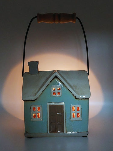 Blue Ceramic House Tealight With Handle