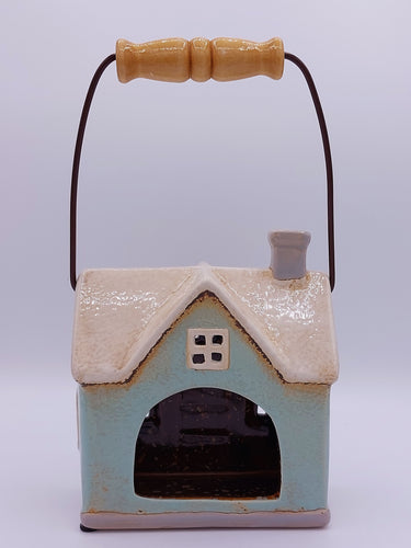 Blue Ceramic House Tealight With Handle