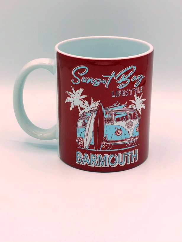 Red Barmouth Campervan and Surf board Mug