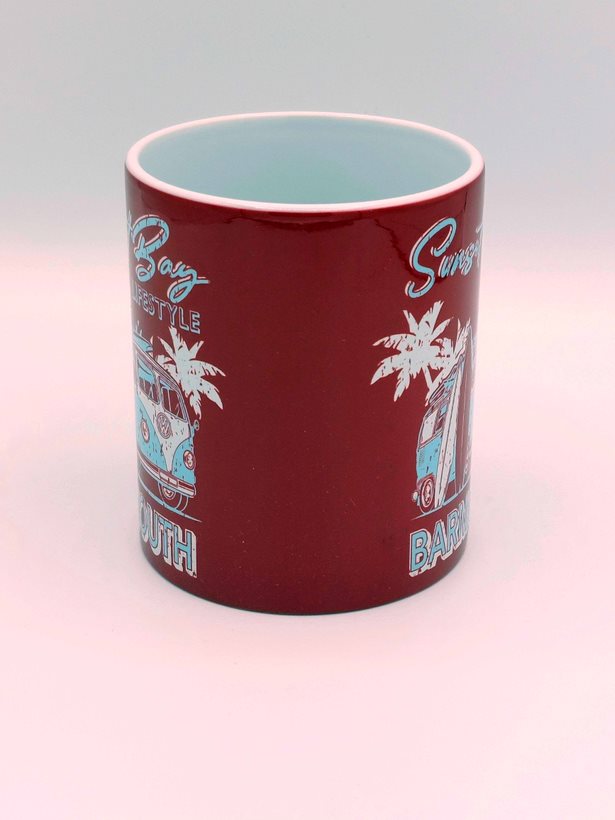 Red Barmouth Campervan and Surf board Mug