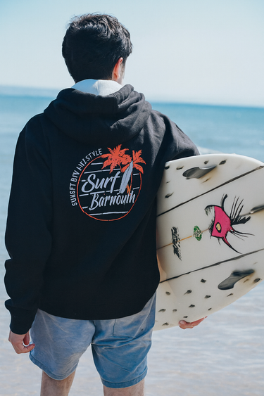 Unisex Black Hoody "Surf Barmouth, Orange Palms"