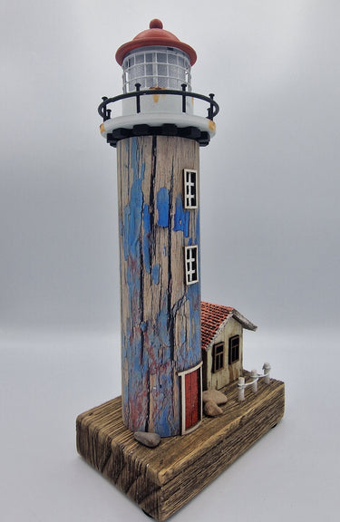 Rustic Wood & Metal LED Lighthouse With Cottage