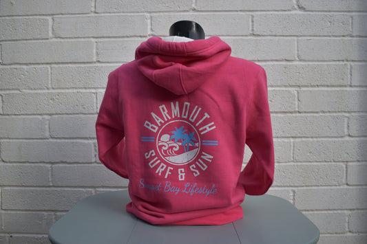 Barmouth Surf and Palms Retro Print Ladies Adult Hoody in Cerise Pink