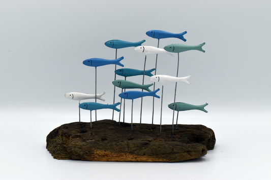 Small Blue School of Fish on Driftwood base