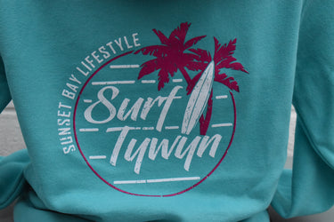 Ladies Blue Hoody "Surf Tywyn Pink Palms"