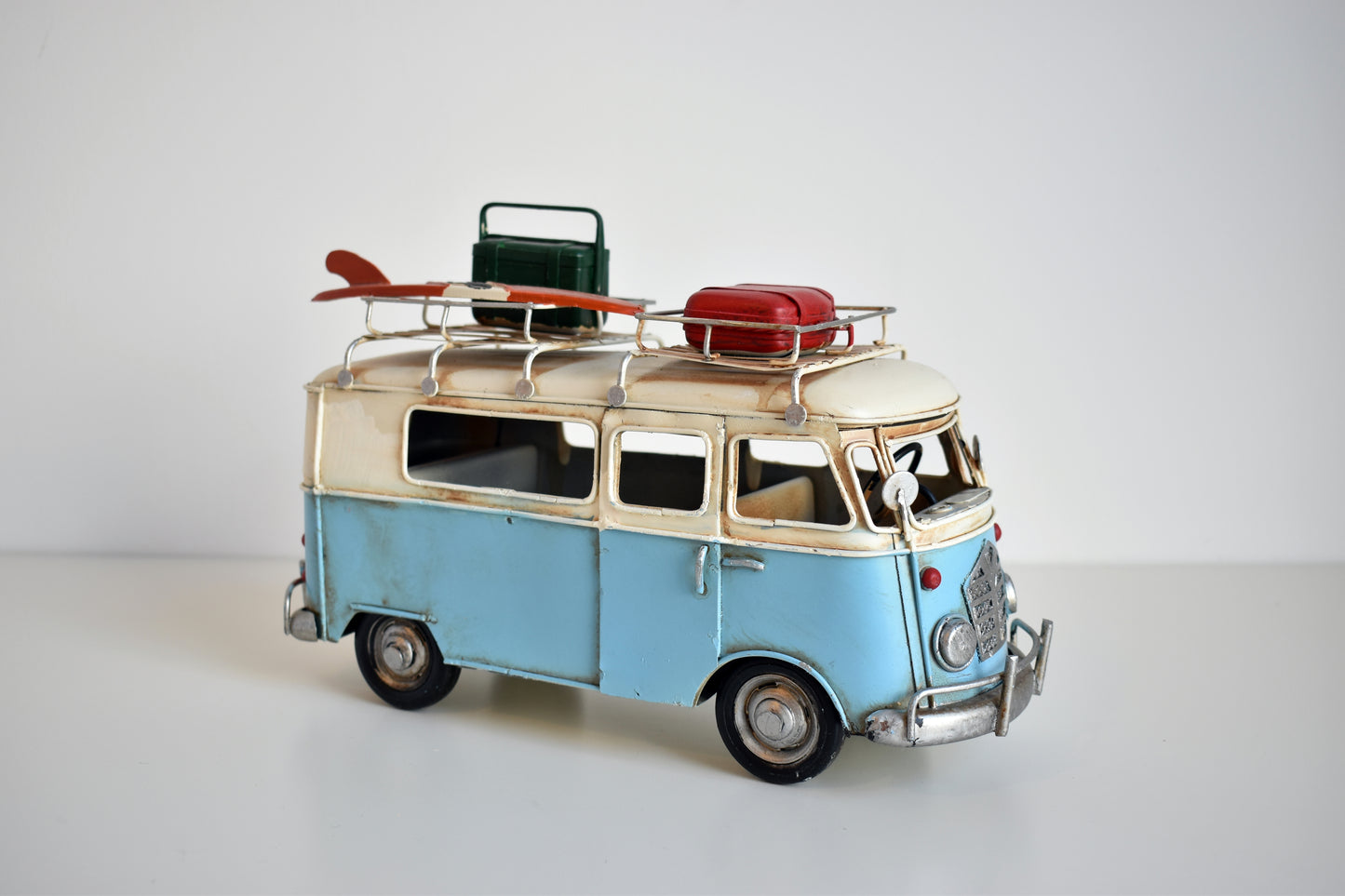 Split Screen Metal Retro Camper Van like VW model with Surf Board