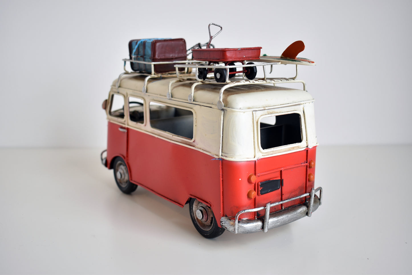 Split Screen Metal Retro Camper Van like VW model with Surf Board