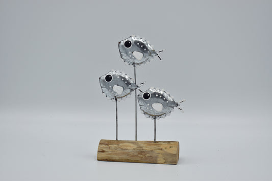 Funky Little Silver School of Puffer Fish on a Drifwood Stand